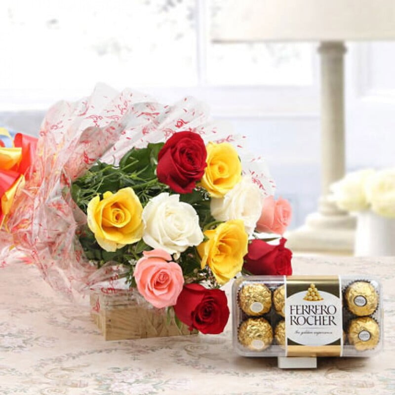 Bunch of 12 mix roses and 16 pcs ferrero rocher Bunch of 12 mix roses and 16 pcs ferrero rocher