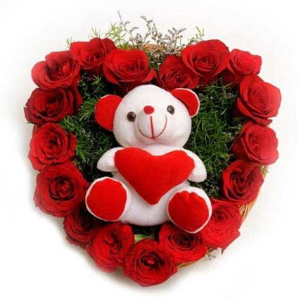 Heart shaped 50 red roses with teddy