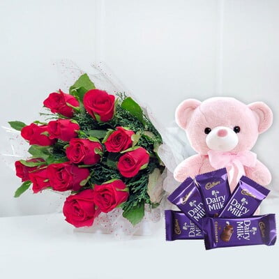 Roses With Teddy and Choco combo