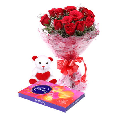 10 Red Roses, Teddy Bear (6 Inch) and Cadbury Celebration