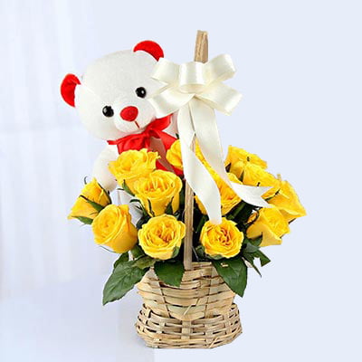 15 Yellow Roses in Basket with Teddy