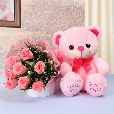 Pink roses & Teddy bear