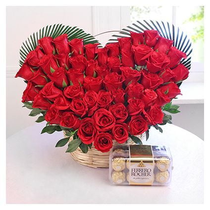 Heart shape of 50 Red roses with Ferrero rocher