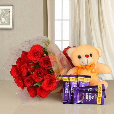 Flower with Teddy and Chococlate