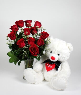 A vase of 20 red rose and a(6 inches) teddy