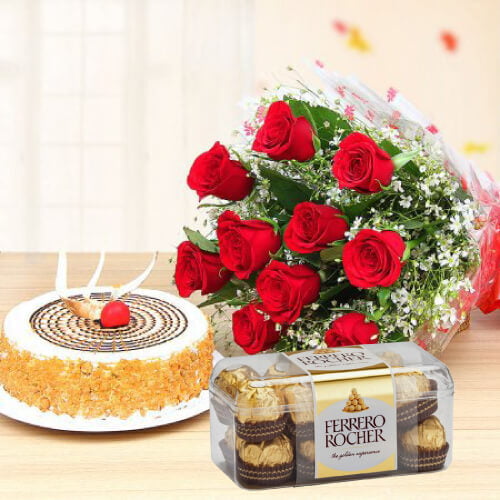 10 Red roses , Butter scotch cake and Ferrero Rocher 10 Red roses , Butter scotch cake and Ferrero Rocher