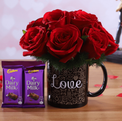 Red Roses Arrangement In Love Mug and Cadbury Dairy Milk