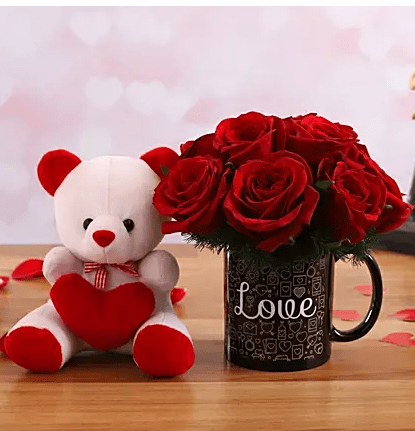 Red Roses Arrangement In Love Printed Mug and Cute Teddy