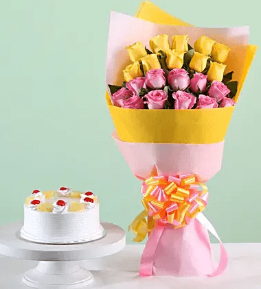 Lovely Roses Bouquet & Pineapple Cake Combo