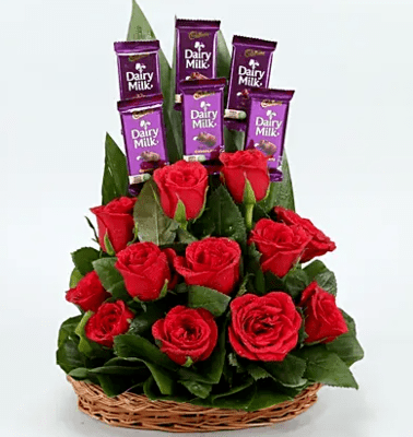 Red Roses Arrangement With Dairy Milk Chocolates