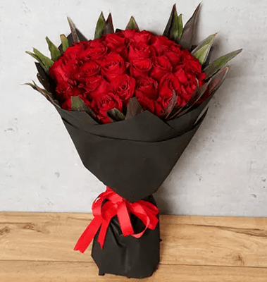 50 Red Roses Bouquet With Black Wrapping