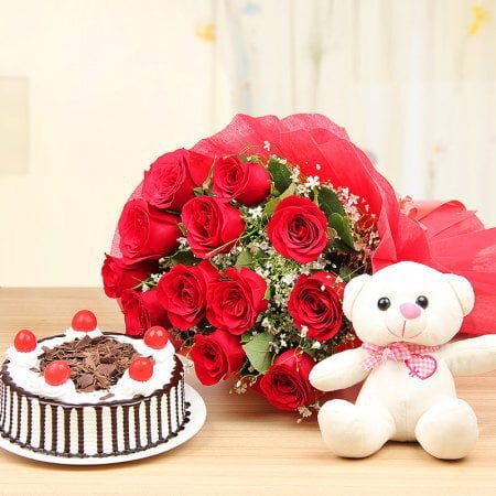 Black Forest Cake with Roses and soft toy