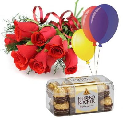 10 Red Roses,16 pcs Ferrero Rocher and 10 Ballons