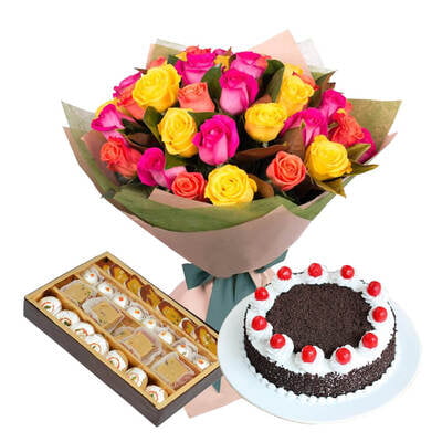 20 mixed Roses, 1 Kg Black forest cake and 1 Kg mixed sweets