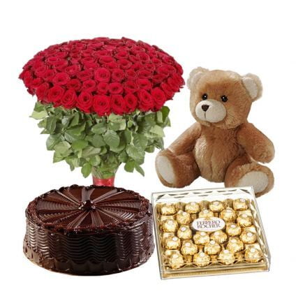 200 Red Roses, 1 Kg chocolate truffle cake with 24 pcs ferrero Rocher and teddy