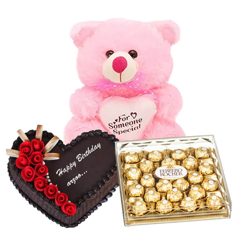 1 Kg heart shaped chocolate cake, 24 pcs ferrero Rocher chocolate and 12 inch teddy bear 1 Kg heart shaped chocolate cake, 24 pcs ferrero Rocher chocolate and 12 inch teddy bear