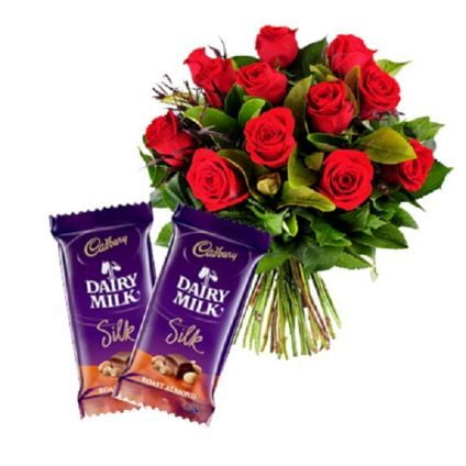 10 Red rose with 2 dairy milk silk