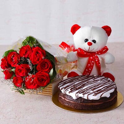 10 Red Roses, 1/2 chocolate Cake with small teddy