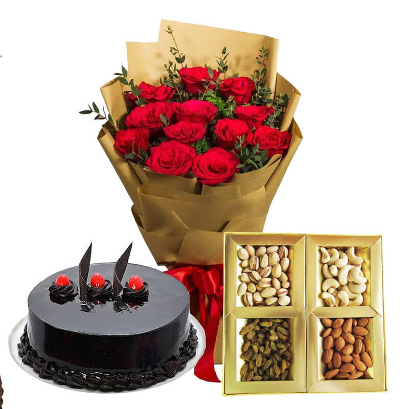 20 Red Roses, 1/2 Kg Dry fruits and 1/2 Kg chocolate cake 20 Red Roses, 1/2 Kg Dry fruits and 1/2 Kg chocolate cake
