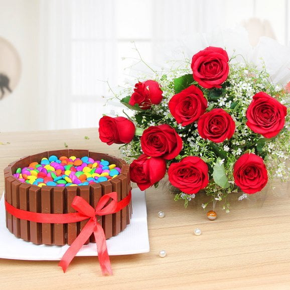 A bunch of roses with Kit Kat cake