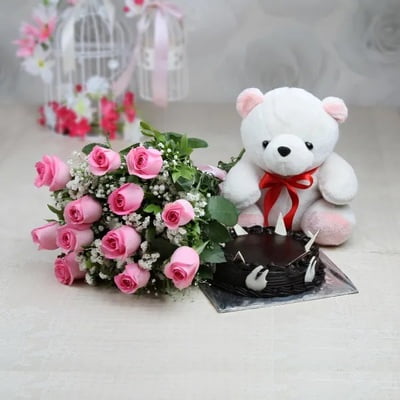 Bunch 10 pink roses, 1/2 kg chocolate Truffle cake and 6 inch teddy bear