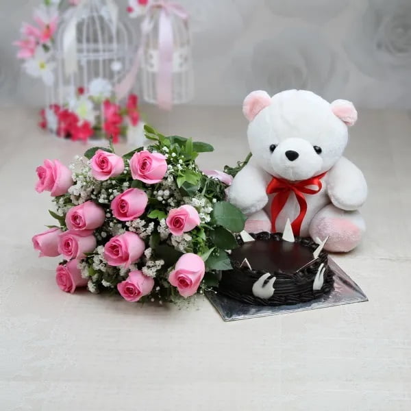 Bunch 10 pink roses, 1/2 kg chocolate Truffle cake and 6 inch teddy bear