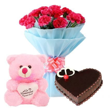 Bunch of 15 Red carnation 1/2 kg chocolate cake and (12 inch lteddy bear)