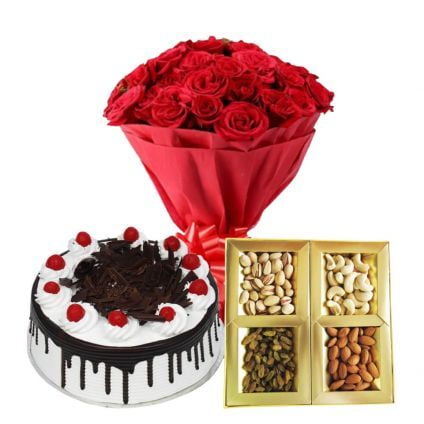 10 Red Roses, 1/2 Kg Dry fruits and 1/2 Kg Black Forest cake
