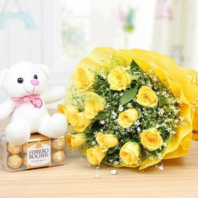 6 Yellow Roses and 6 inches of Teddy Bear and Ferrero Rocher