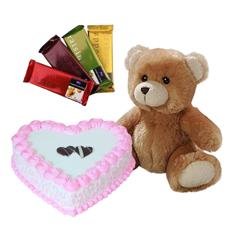 1 Kg heart shaped strawberry cake, 4 Temptation chocolate and 12 inch teddy bear 1 Kg heart shaped strawberry cake, 4 Temptation chocolate and 12 inch teddy bear